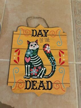 Day of the Dead Decorative Cat Plaque - Yellow